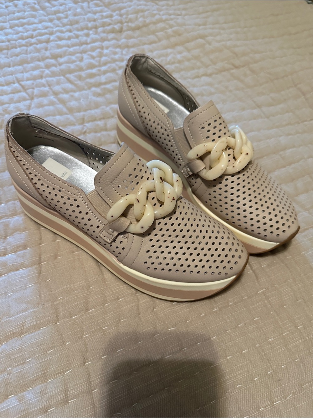 Dolce Vita Taupe Perforated Platform Slip-On Loafers with Cream Chain